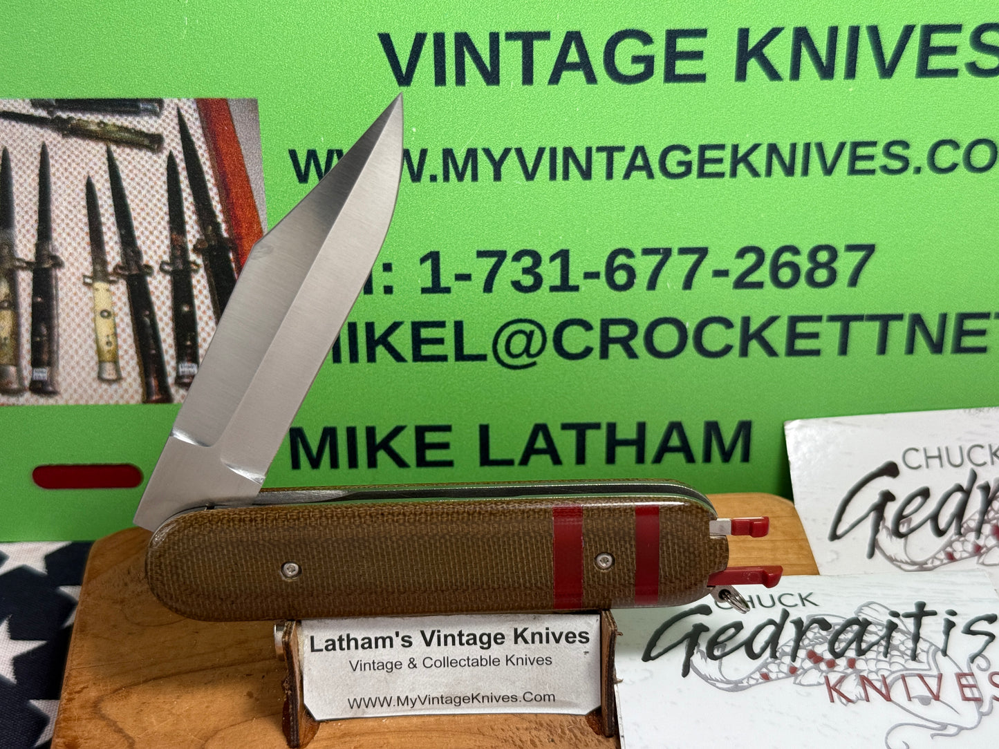 GEDRAITIS, CHUCK CUSTOM KNIVES 2025 SCALE RELEASE SWITCH ARMY LOVELESS INSPIRED BLADE GRIND CPM 154 CUSTOM AUTOMATIC KNIFE ODGREEN CANVAS MICARTA HANDLES