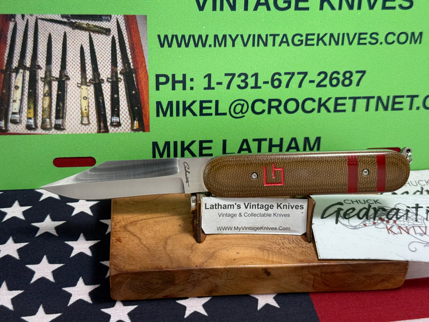 GEDRAITIS, CHUCK CUSTOM KNIVES 2025 SCALE RELEASE SWITCH ARMY LOVELESS INSPIRED BLADE GRIND CPM 154 CUSTOM AUTOMATIC KNIFE ODGREEN CANVAS MICARTA HANDLES