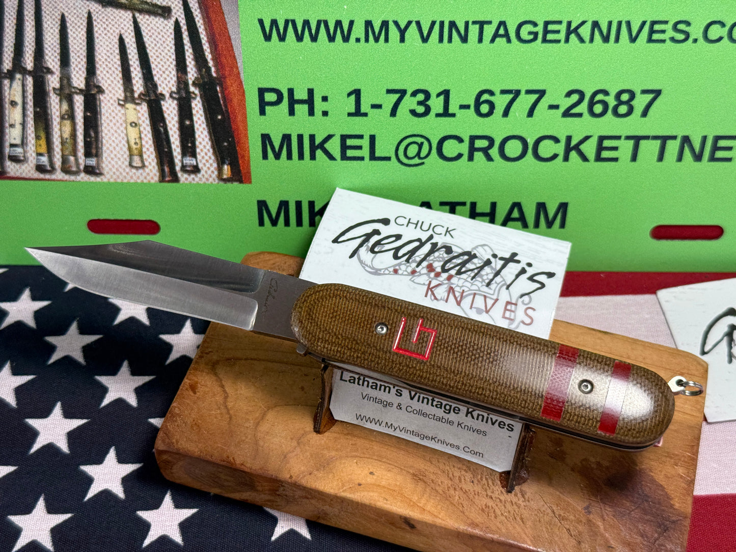 GEDRAITIS, CHUCK CUSTOM KNIVES 2025 SCALE RELEASE SWITCH ARMY LOVELESS INSPIRED BLADE GRIND CPM 154 CUSTOM AUTOMATIC KNIFE ODGREEN CANVAS MICARTA HANDLES