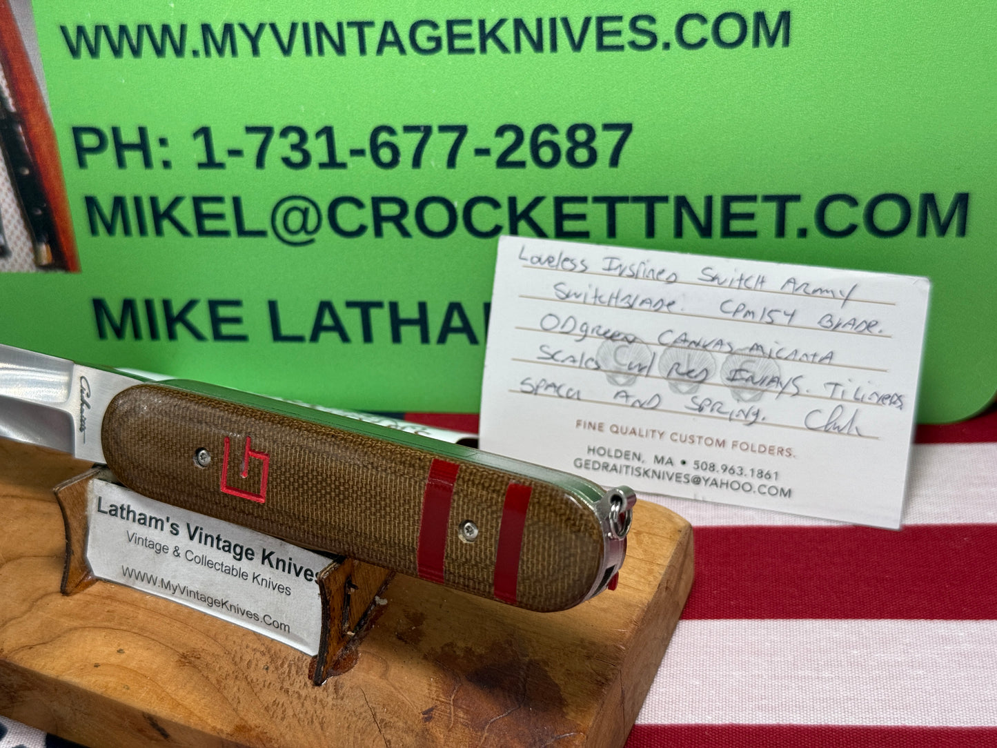 GEDRAITIS, CHUCK CUSTOM KNIVES 2025 SCALE RELEASE SWITCH ARMY LOVELESS INSPIRED BLADE GRIND CPM 154 CUSTOM AUTOMATIC KNIFE ODGREEN CANVAS MICARTA HANDLES