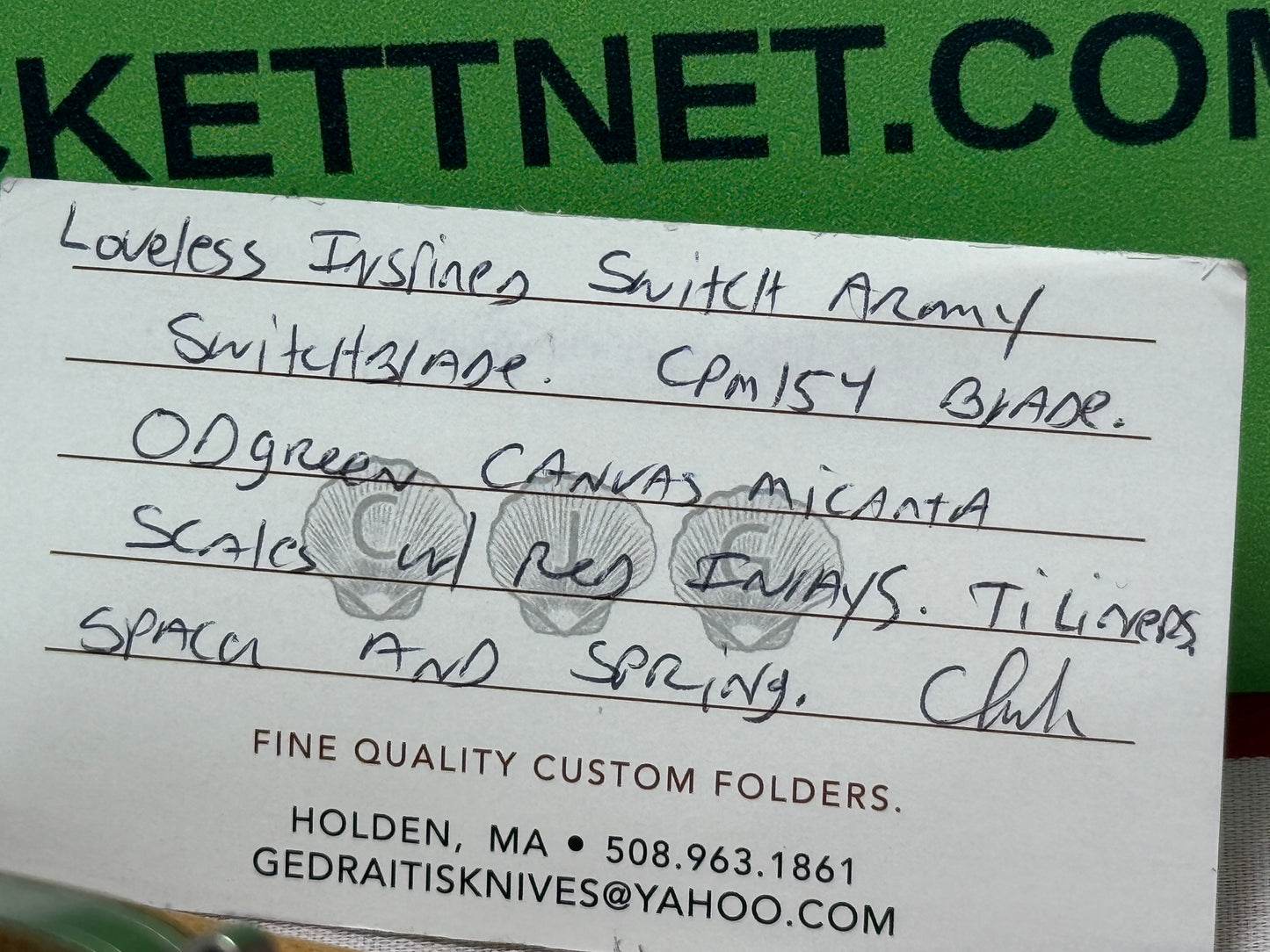 GEDRAITIS, CHUCK CUSTOM KNIVES 2025 SCALE RELEASE SWITCH ARMY LOVELESS INSPIRED BLADE GRIND CPM 154 CUSTOM AUTOMATIC KNIFE ODGREEN CANVAS MICARTA HANDLES