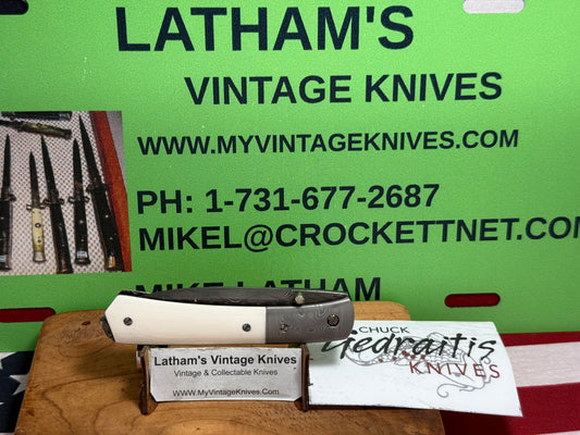 GEDRAITIS, CHUCK "C.J.G." CUSTOM KNIVES 1999-2005 ERA FOLDING LINERLOCK DAMACUS STEEL CUSTOM MANUAL KNIFE MAMMOTH IVORY HANDLES