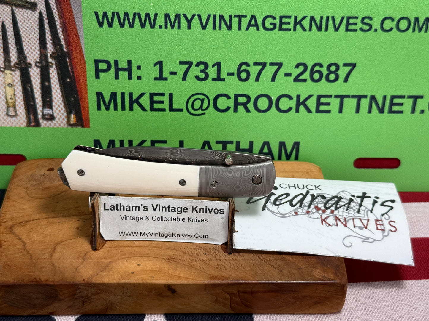 GEDRAITIS, CHUCK "C.J.G." CUSTOM KNIVES 1999-2005 ERA FOLDING LINERLOCK DAMACUS STEEL CUSTOM MANUAL KNIFE MAMMOTH IVORY HANDLES