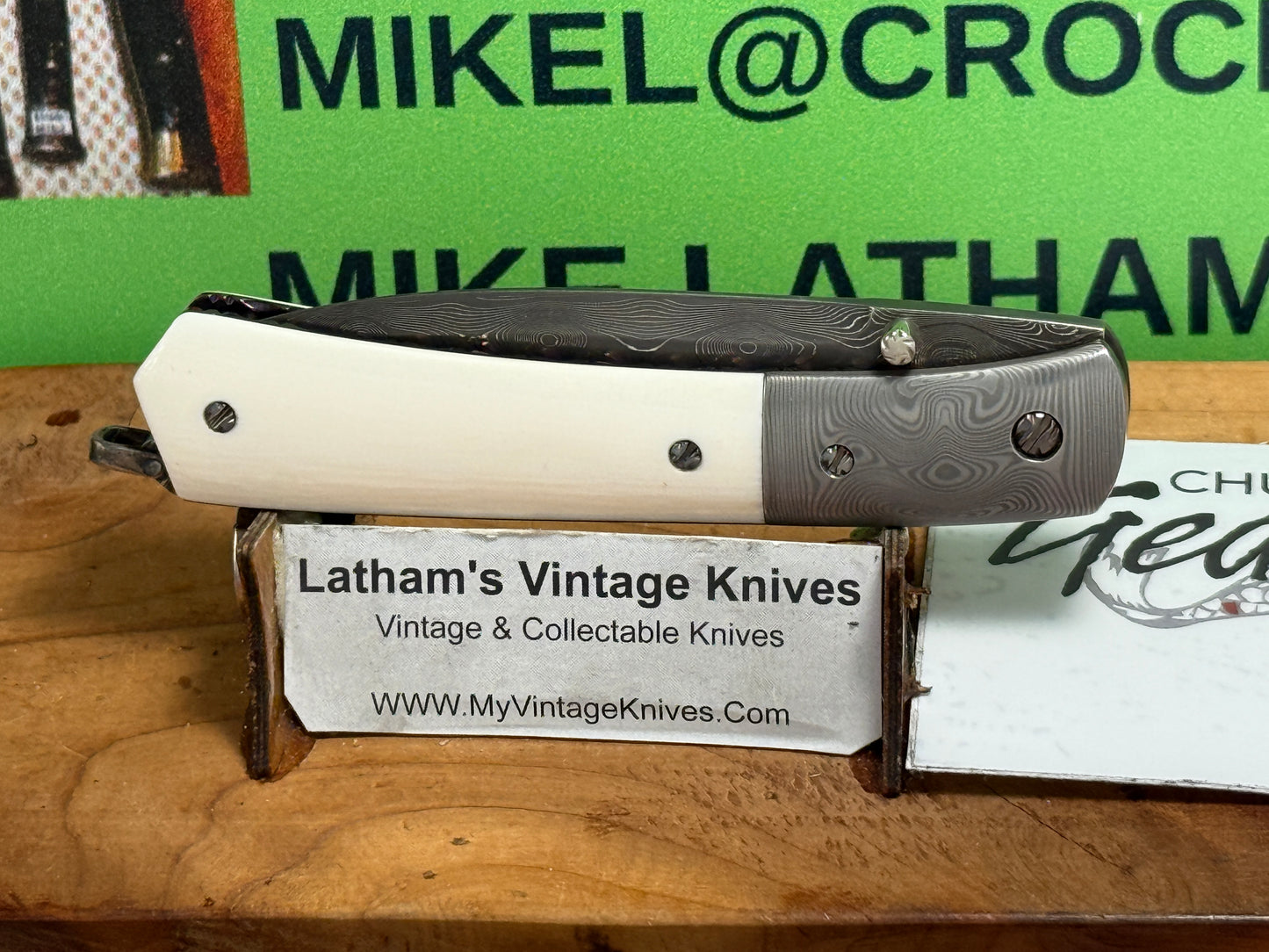 GEDRAITIS, CHUCK "C.J.G." CUSTOM KNIVES 1999-2005 ERA FOLDING LINERLOCK DAMACUS STEEL CUSTOM MANUAL KNIFE MAMMOTH IVORY HANDLES