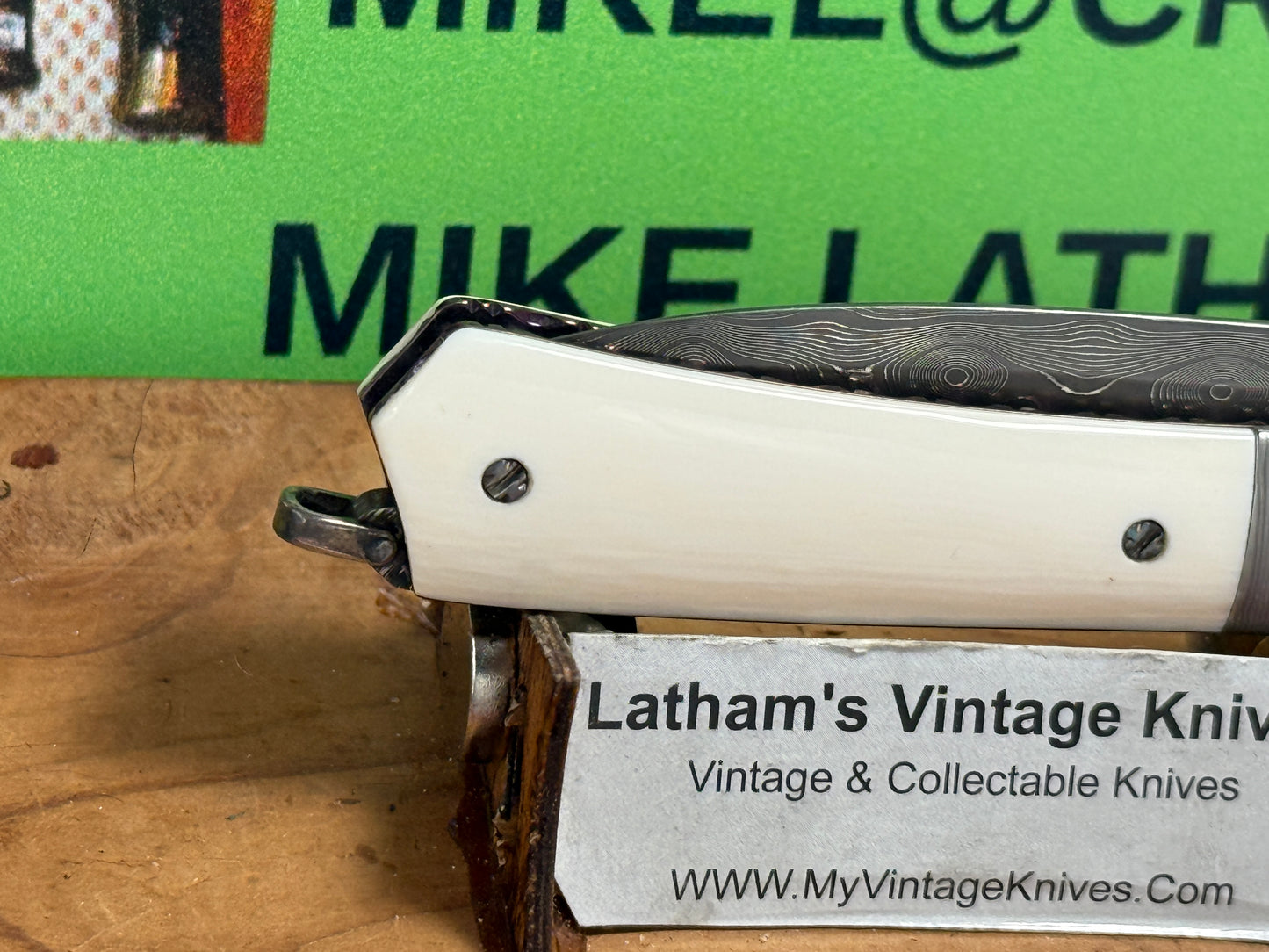 GEDRAITIS, CHUCK "C.J.G." CUSTOM KNIVES 1999-2005 ERA FOLDING LINERLOCK DAMACUS STEEL CUSTOM MANUAL KNIFE MAMMOTH IVORY HANDLES