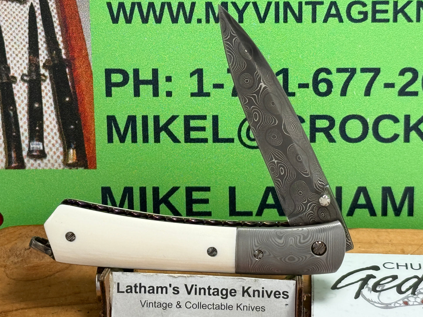 GEDRAITIS, CHUCK "C.J.G." CUSTOM KNIVES 1999-2005 ERA FOLDING LINERLOCK DAMACUS STEEL CUSTOM MANUAL KNIFE MAMMOTH IVORY HANDLES