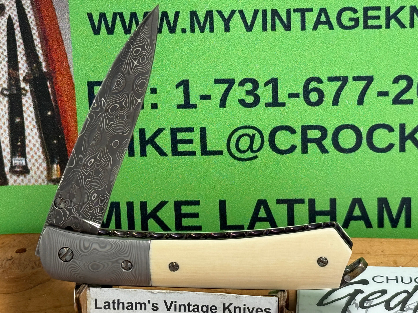 GEDRAITIS, CHUCK "C.J.G." CUSTOM KNIVES 1999-2005 ERA FOLDING LINERLOCK DAMACUS STEEL CUSTOM MANUAL KNIFE MAMMOTH IVORY HANDLES