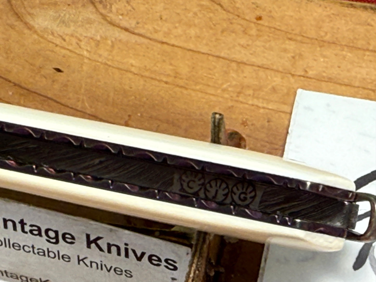 GEDRAITIS, CHUCK "C.J.G." CUSTOM KNIVES 1999-2005 ERA FOLDING LINERLOCK DAMACUS STEEL CUSTOM MANUAL KNIFE MAMMOTH IVORY HANDLES