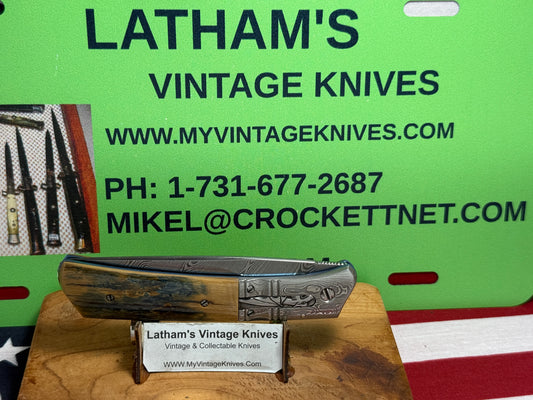 WILLIAMS, JASON CUSTOM KNIVES 2001-2003 ERA MEDIUM HUNTER DAMACUS STEEL CUSTOM AUTOMATIC KNIFE MAMMOTH IVORY BARK SCALES