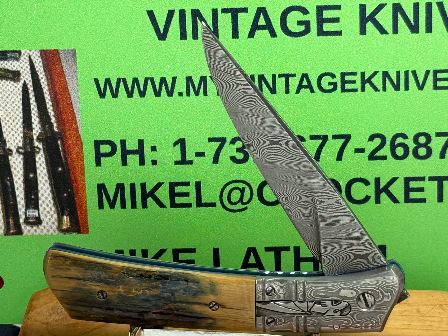 WILLIAMS, JASON CUSTOM KNIVES 2001-2003 ERA MEDIUM HUNTER DAMACUS STEEL CUSTOM AUTOMATIC KNIFE MAMMOTH IVORY BARK SCALES