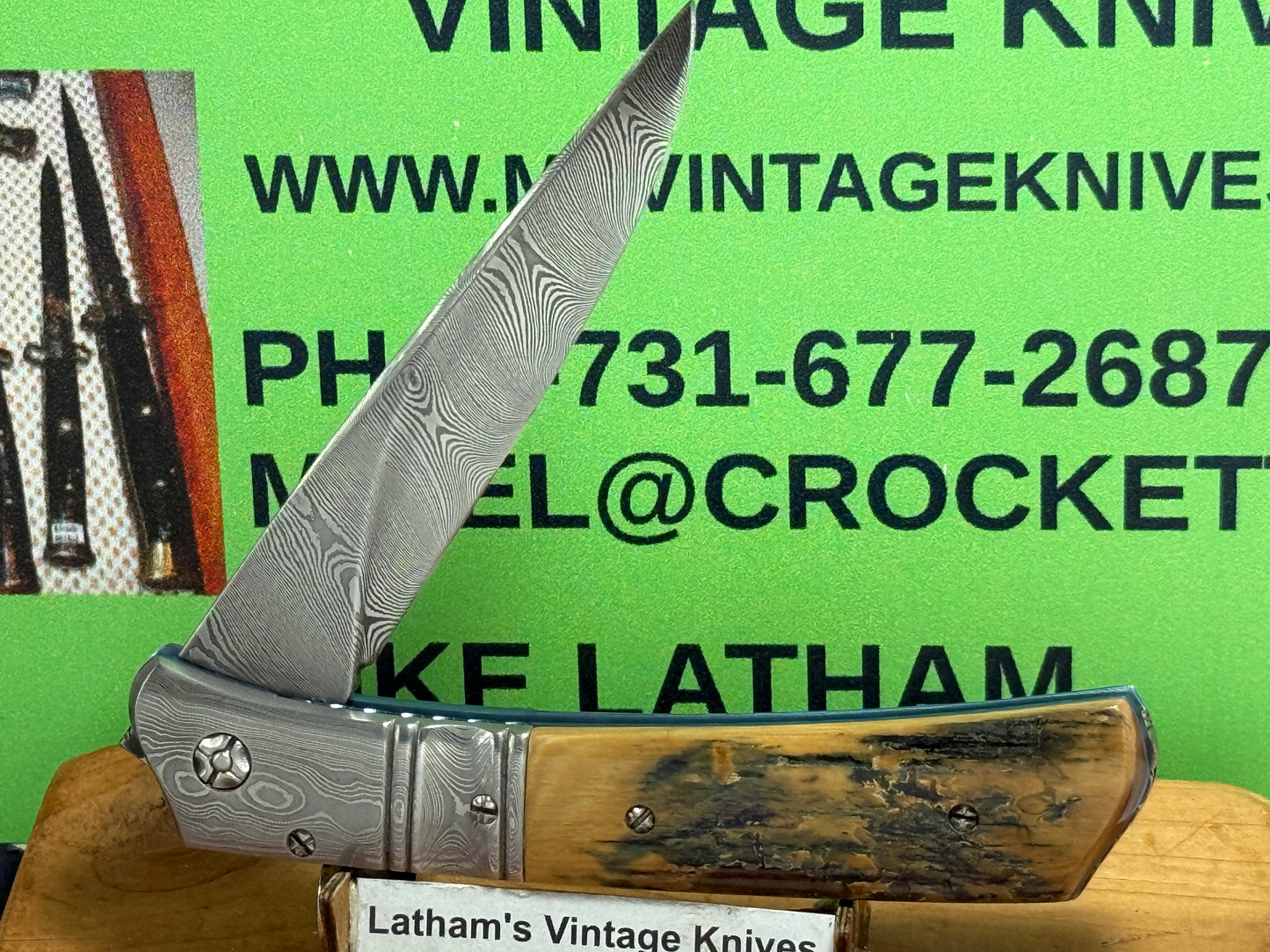 WILLIAMS, JASON CUSTOM KNIVES 2001-2003 ERA MEDIUM HUNTER DAMACUS STEEL CUSTOM AUTOMATIC KNIFE MAMMOTH IVORY BARK SCALES