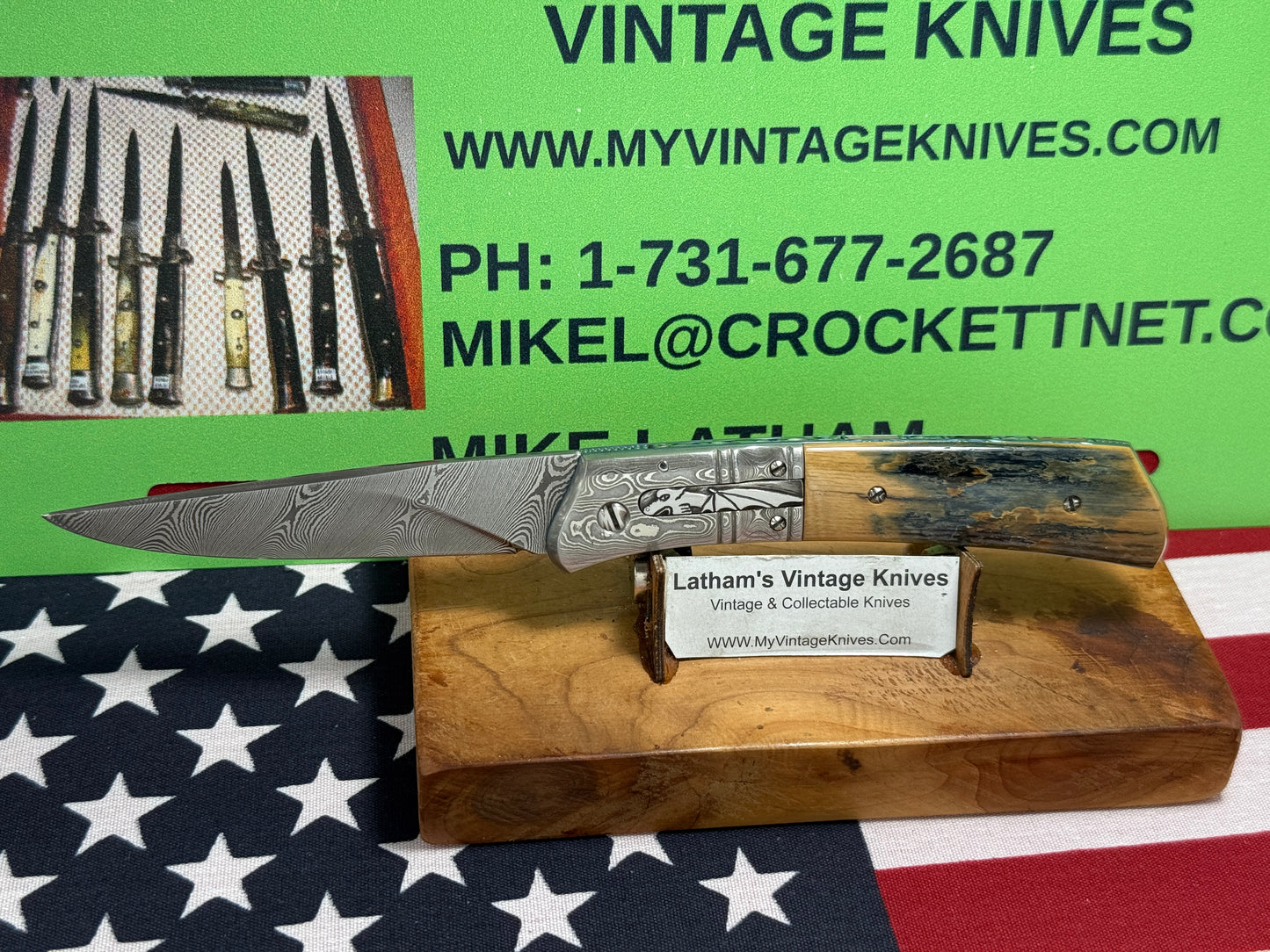 WILLIAMS, JASON CUSTOM KNIVES 2001-2003 ERA MEDIUM HUNTER DAMACUS STEEL CUSTOM AUTOMATIC KNIFE MAMMOTH IVORY BARK SCALES