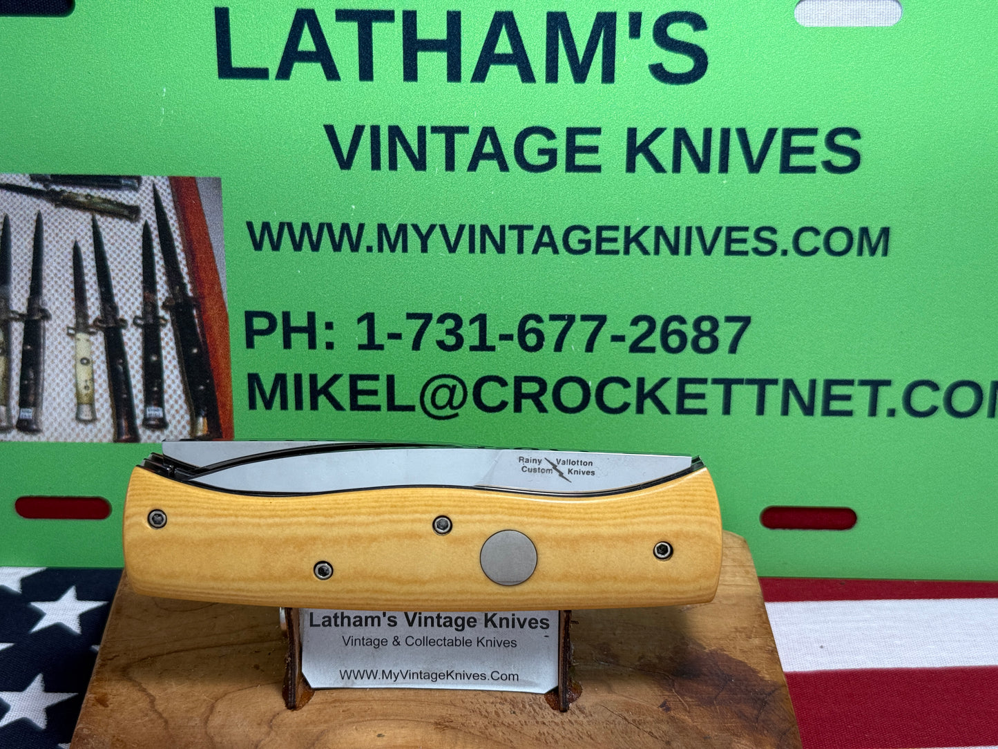 VALLOTTON, RAINY CUSTOM 1993 LARGE DOUBLE BLADE MADE FOR BLADE SHOW CUSTOM AUTOMATIC KNIFE AGED WESTINGHOUSE MICARTA HANDLES