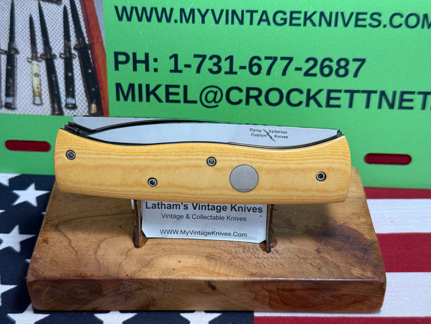 VALLOTTON, RAINY CUSTOM 1993 LARGE DOUBLE BLADE MADE FOR BLADE SHOW CUSTOM AUTOMATIC KNIFE AGED WESTINGHOUSE MICARTA HANDLES