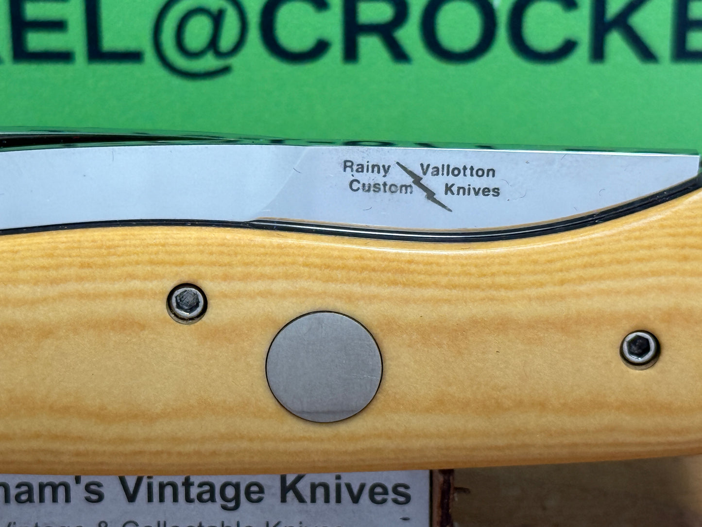 VALLOTTON, RAINY CUSTOM 1993 LARGE DOUBLE BLADE MADE FOR BLADE SHOW CUSTOM AUTOMATIC KNIFE AGED WESTINGHOUSE MICARTA HANDLES