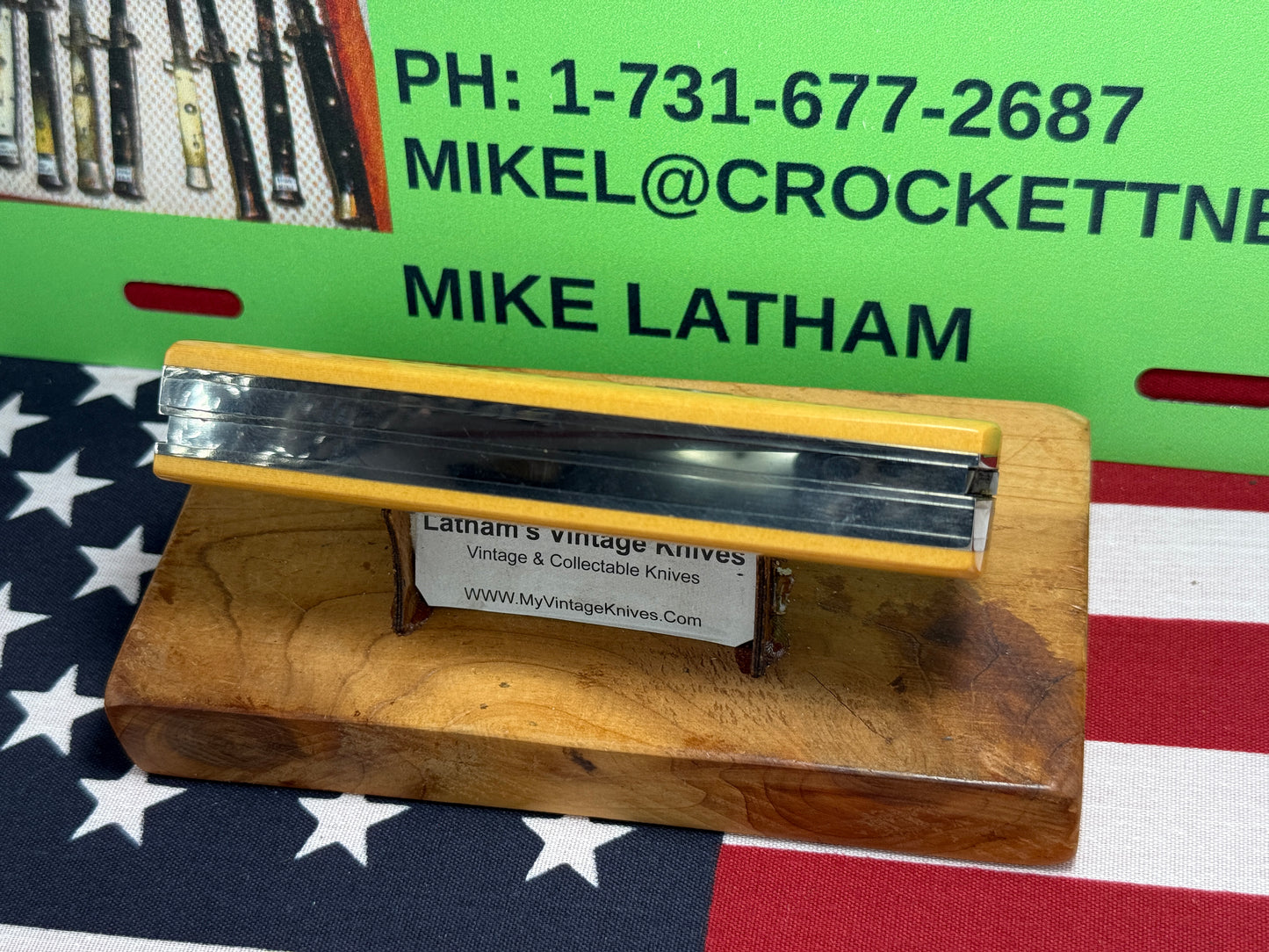 VALLOTTON, RAINY CUSTOM 1993 LARGE DOUBLE BLADE MADE FOR BLADE SHOW CUSTOM AUTOMATIC KNIFE AGED WESTINGHOUSE MICARTA HANDLES