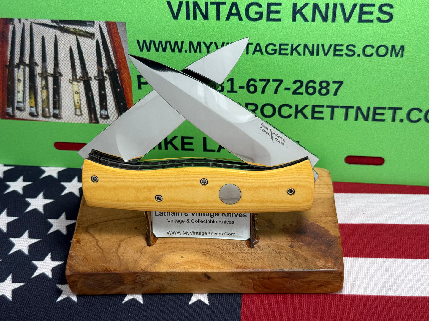 VALLOTTON, RAINY CUSTOM 1993 LARGE DOUBLE BLADE MADE FOR BLADE SHOW CUSTOM AUTOMATIC KNIFE AGED WESTINGHOUSE MICARTA HANDLES