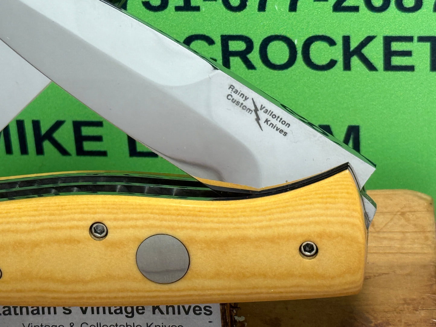 VALLOTTON, RAINY CUSTOM 1993 LARGE DOUBLE BLADE MADE FOR BLADE SHOW CUSTOM AUTOMATIC KNIFE AGED WESTINGHOUSE MICARTA HANDLES