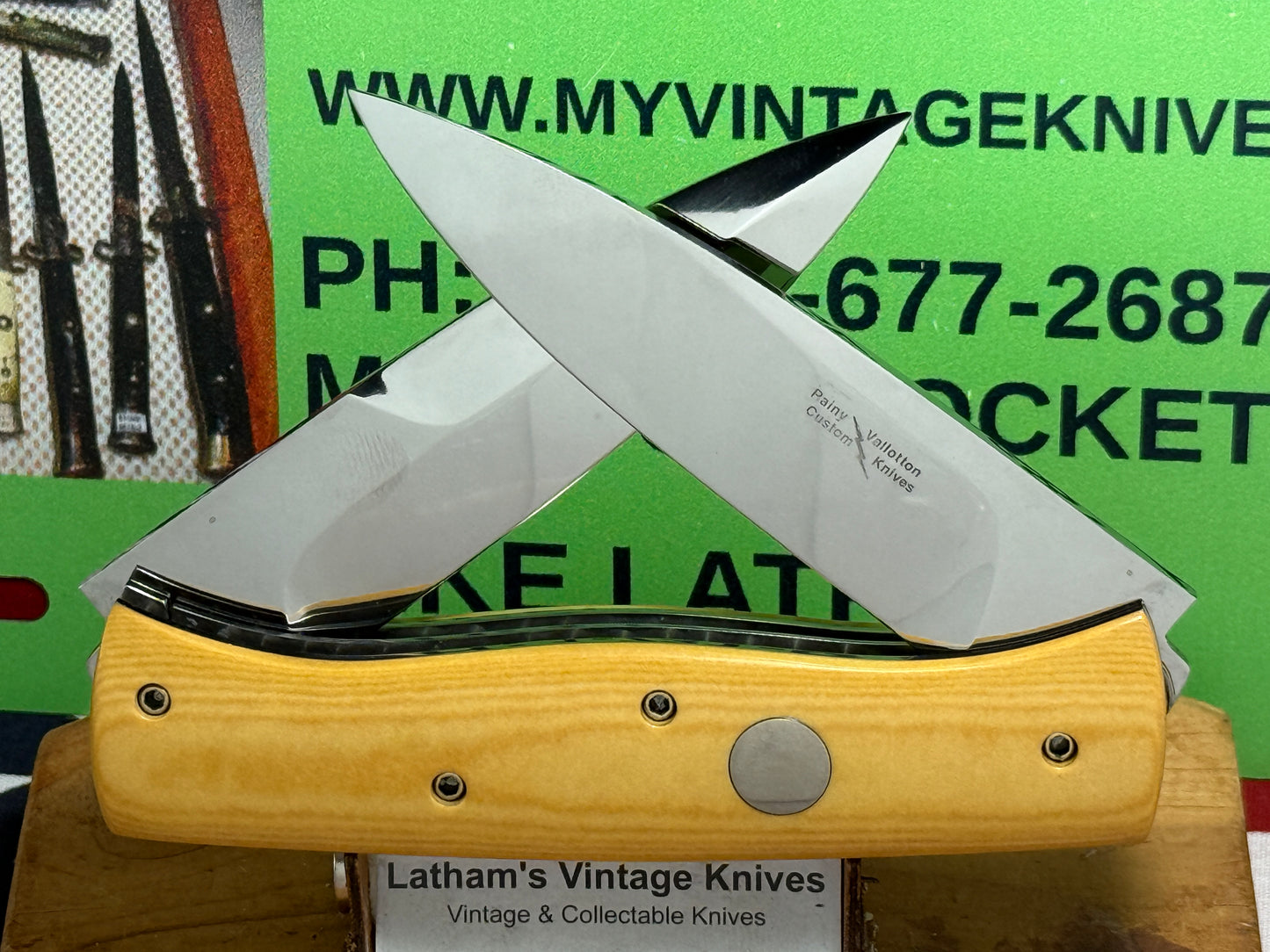 VALLOTTON, RAINY CUSTOM 1993 LARGE DOUBLE BLADE MADE FOR BLADE SHOW CUSTOM AUTOMATIC KNIFE AGED WESTINGHOUSE MICARTA HANDLES