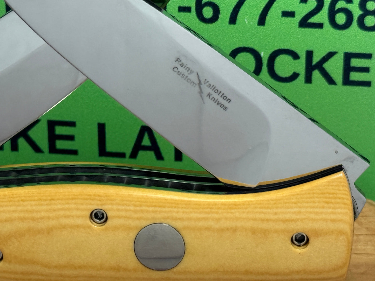 VALLOTTON, RAINY CUSTOM 1993 LARGE DOUBLE BLADE MADE FOR BLADE SHOW CUSTOM AUTOMATIC KNIFE AGED WESTINGHOUSE MICARTA HANDLES