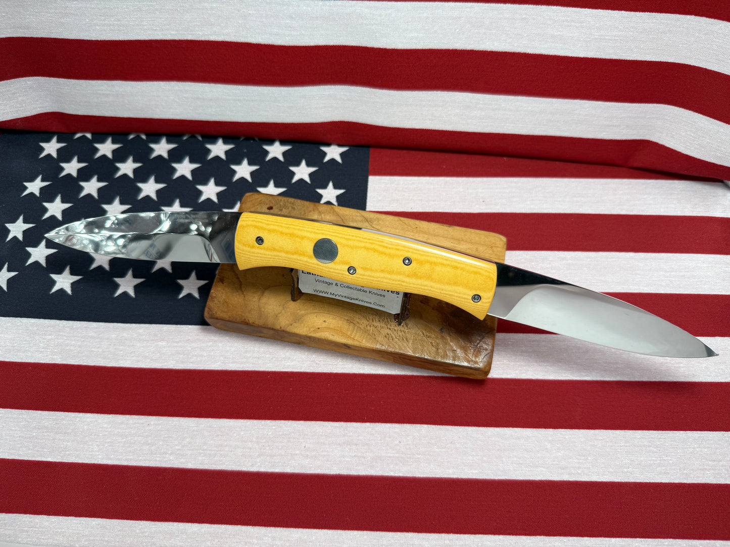 VALLOTTON, RAINY CUSTOM 1993 LARGE DOUBLE BLADE MADE FOR BLADE SHOW CUSTOM AUTOMATIC KNIFE AGED WESTINGHOUSE MICARTA HANDLES