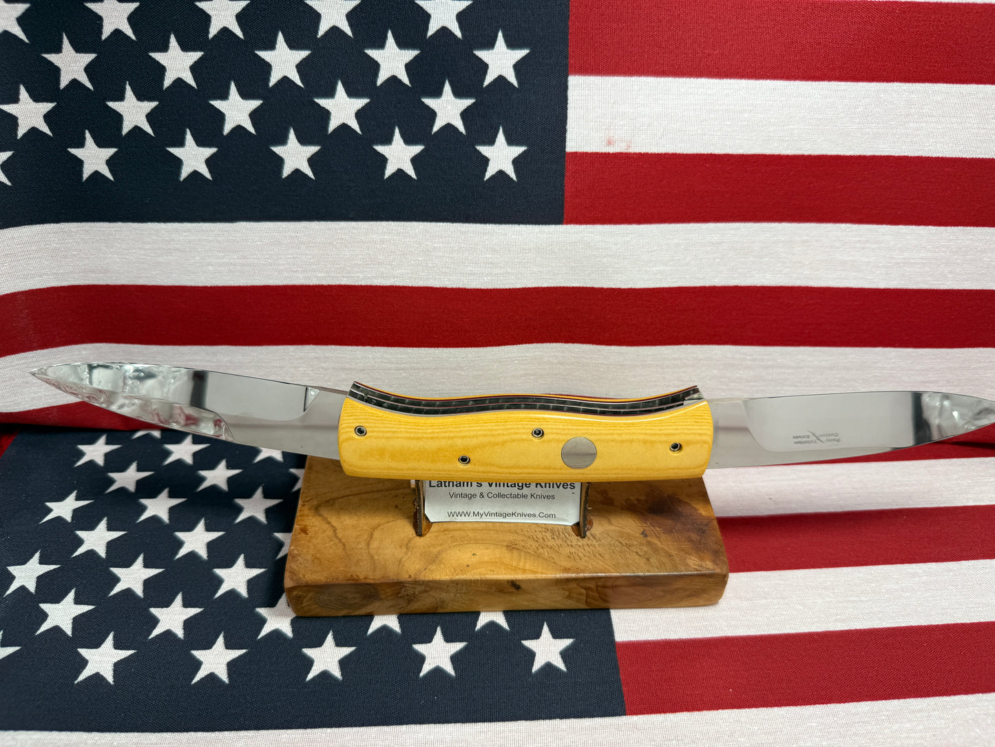 VALLOTTON, RAINY CUSTOM 1993 LARGE DOUBLE BLADE MADE FOR BLADE SHOW CUSTOM AUTOMATIC KNIFE AGED WESTINGHOUSE MICARTA HANDLES