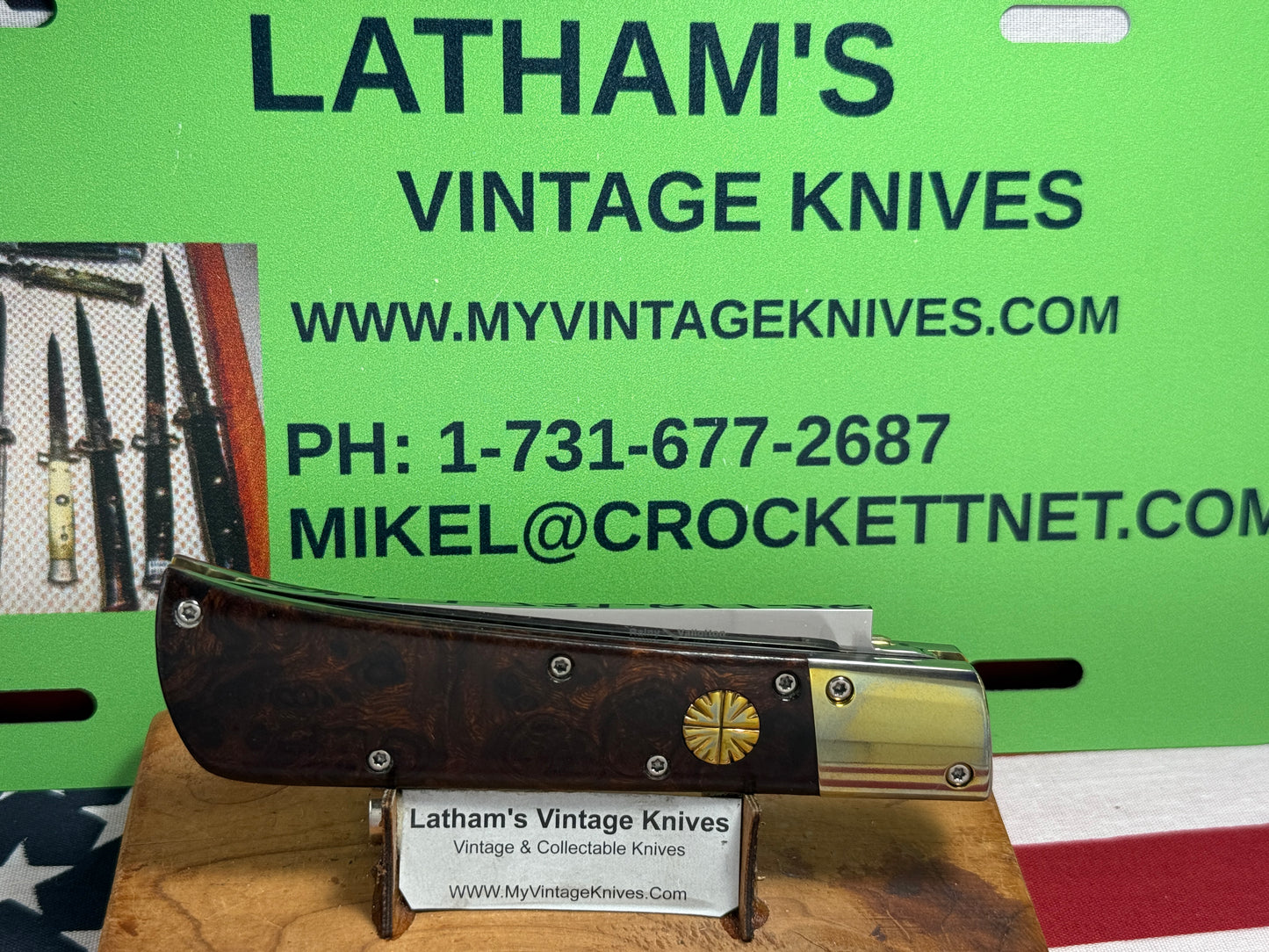 VALLOTTON, RAINY CUSTOM KNIVES 1993-1998 ERA PERSIAN ATS 34 CUSTOM AUTOMATIC KNIFE IRON WOOD HANDLES