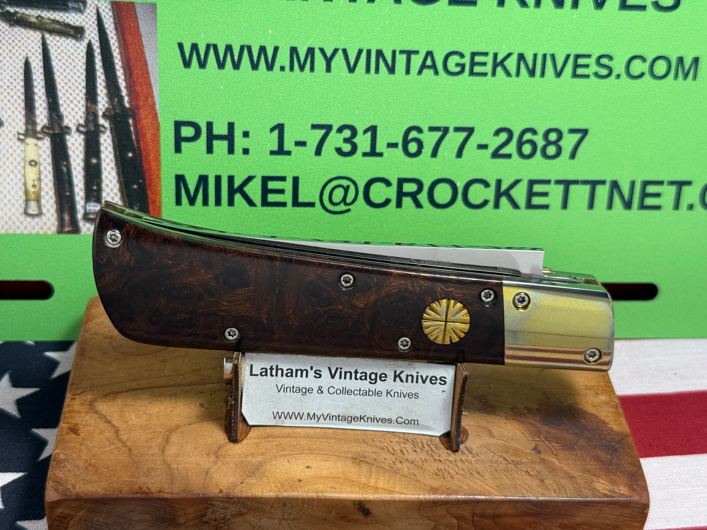 VALLOTTON, RAINY CUSTOM KNIVES 1993-1998 ERA PERSIAN ATS 34 CUSTOM AUTOMATIC KNIFE IRON WOOD HANDLES