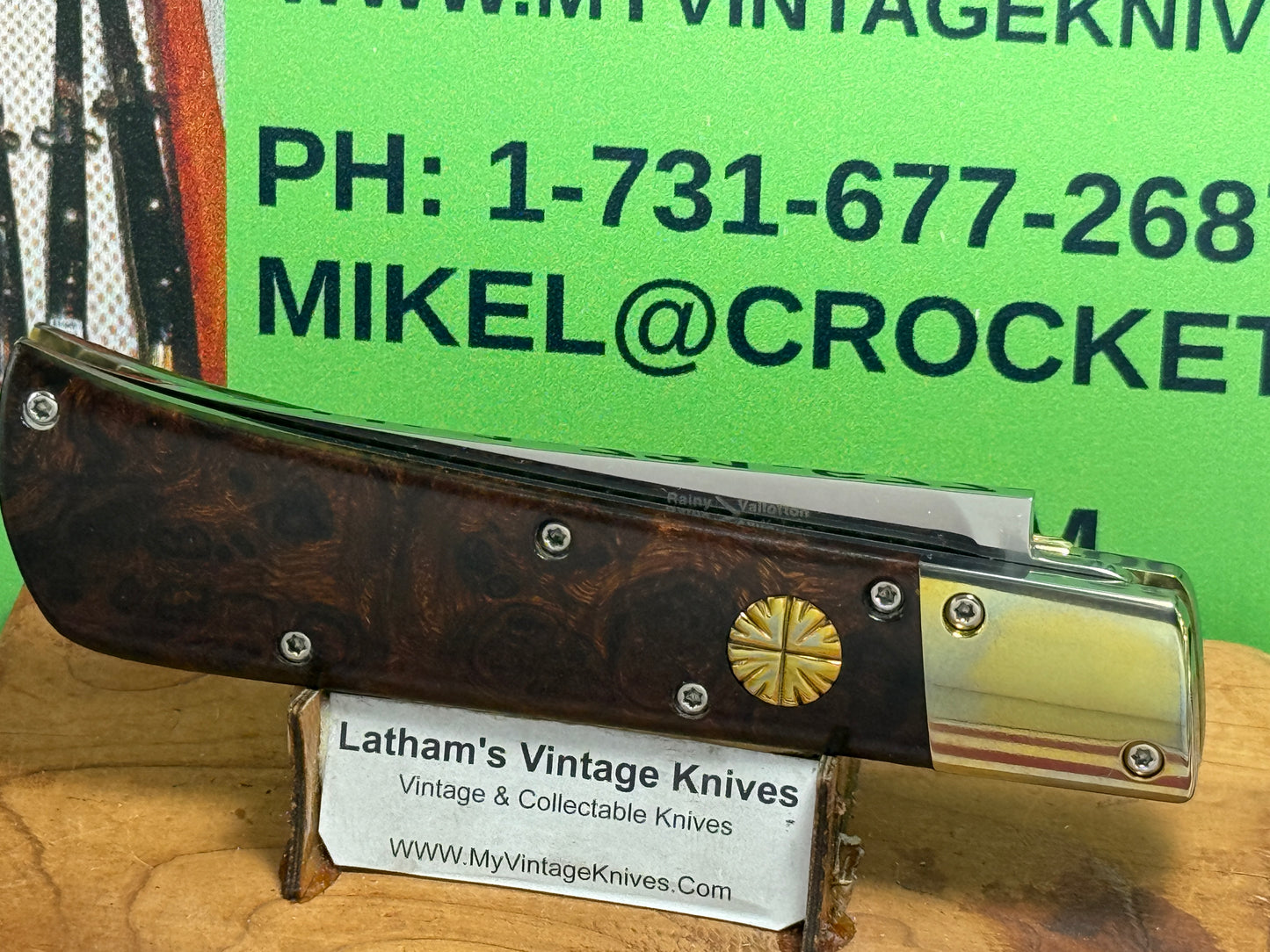 VALLOTTON, RAINY CUSTOM KNIVES 1993-1998 ERA PERSIAN ATS 34 CUSTOM AUTOMATIC KNIFE IRON WOOD HANDLES