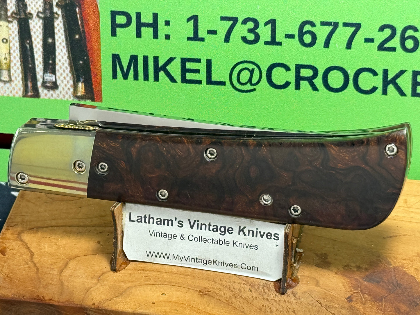 VALLOTTON, RAINY CUSTOM KNIVES 1993-1998 ERA PERSIAN ATS 34 CUSTOM AUTOMATIC KNIFE IRON WOOD HANDLES