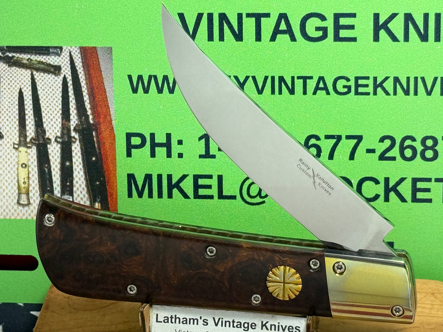 VALLOTTON, RAINY CUSTOM KNIVES 1993-1998 ERA PERSIAN ATS 34 CUSTOM AUTOMATIC KNIFE IRON WOOD HANDLES