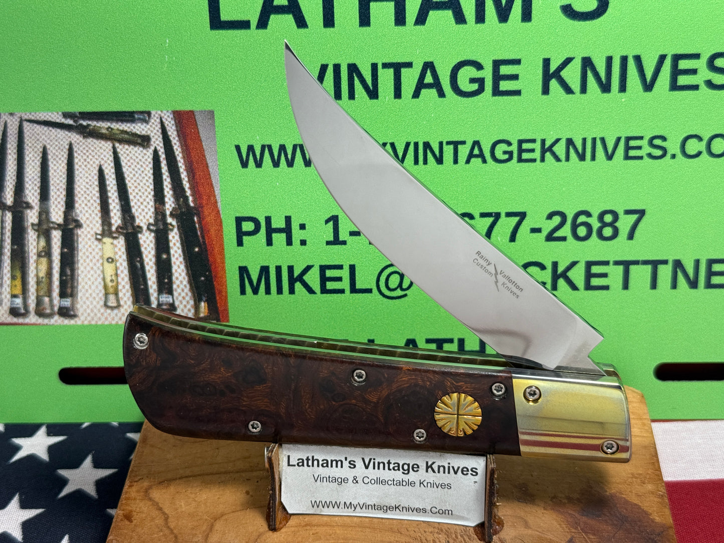VALLOTTON, RAINY CUSTOM KNIVES 1993-1998 ERA PERSIAN ATS 34 CUSTOM AUTOMATIC KNIFE IRON WOOD HANDLES