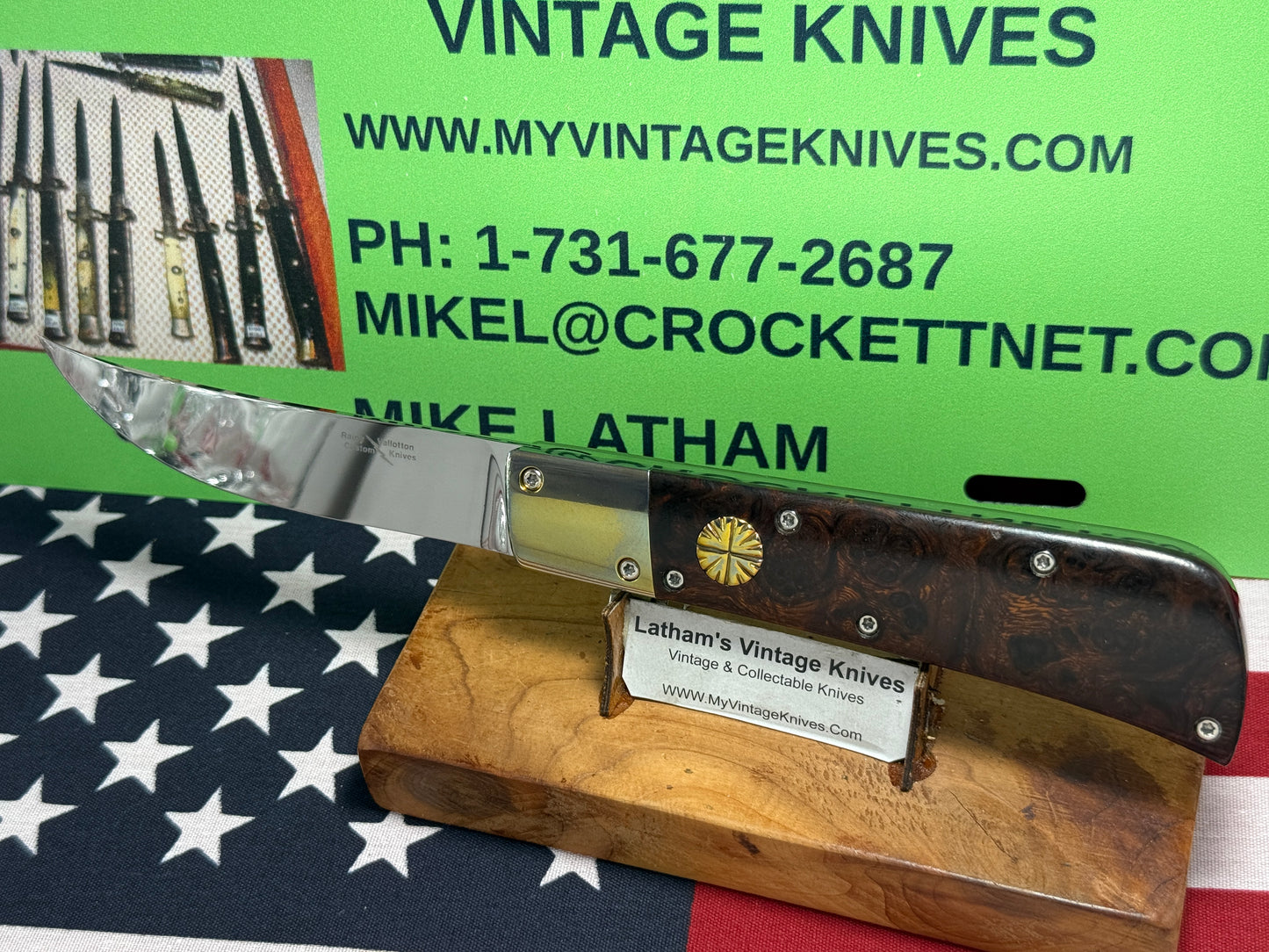 VALLOTTON, RAINY CUSTOM KNIVES 1993-1998 ERA PERSIAN ATS 34 CUSTOM AUTOMATIC KNIFE IRON WOOD HANDLES