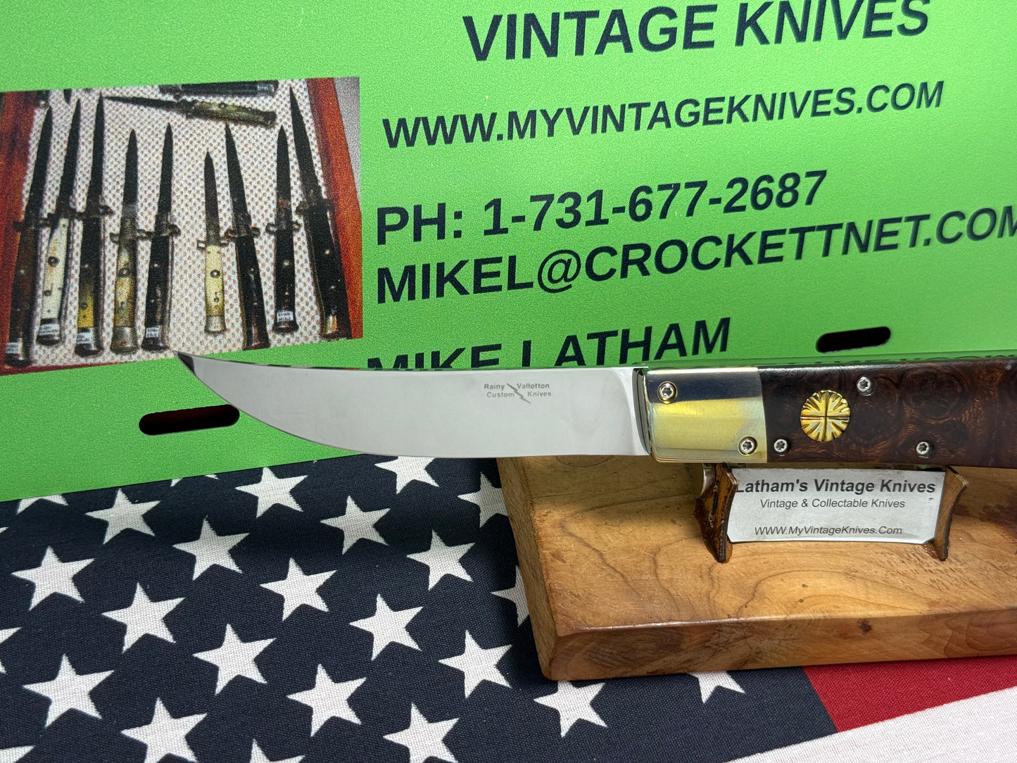 VALLOTTON, RAINY CUSTOM KNIVES 1993-1998 ERA PERSIAN ATS 34 CUSTOM AUTOMATIC KNIFE IRON WOOD HANDLES