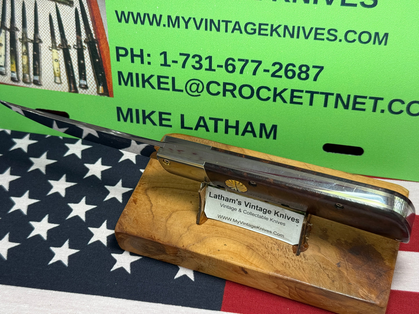 VALLOTTON, RAINY CUSTOM KNIVES 1993-1998 ERA PERSIAN ATS 34 CUSTOM AUTOMATIC KNIFE IRON WOOD HANDLES