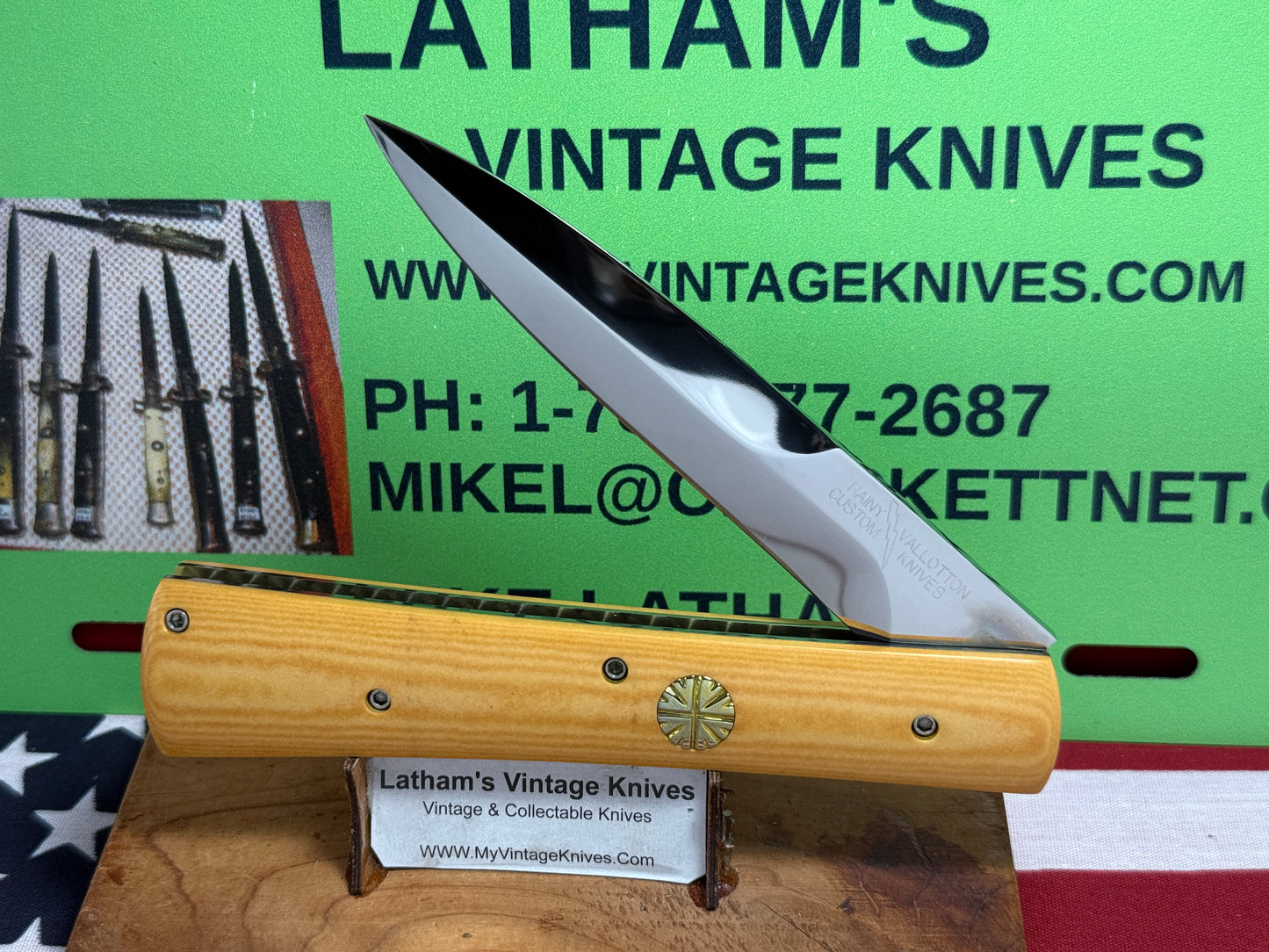 VALLOTTON, RAINY CUSTOM KNIVES 1998-2001 ERA D & D FAN TAIL BAYONET BLADE CUSTOM AUTOMATIC KNIFE WESTINGHOUSE MICARATA HANDLES