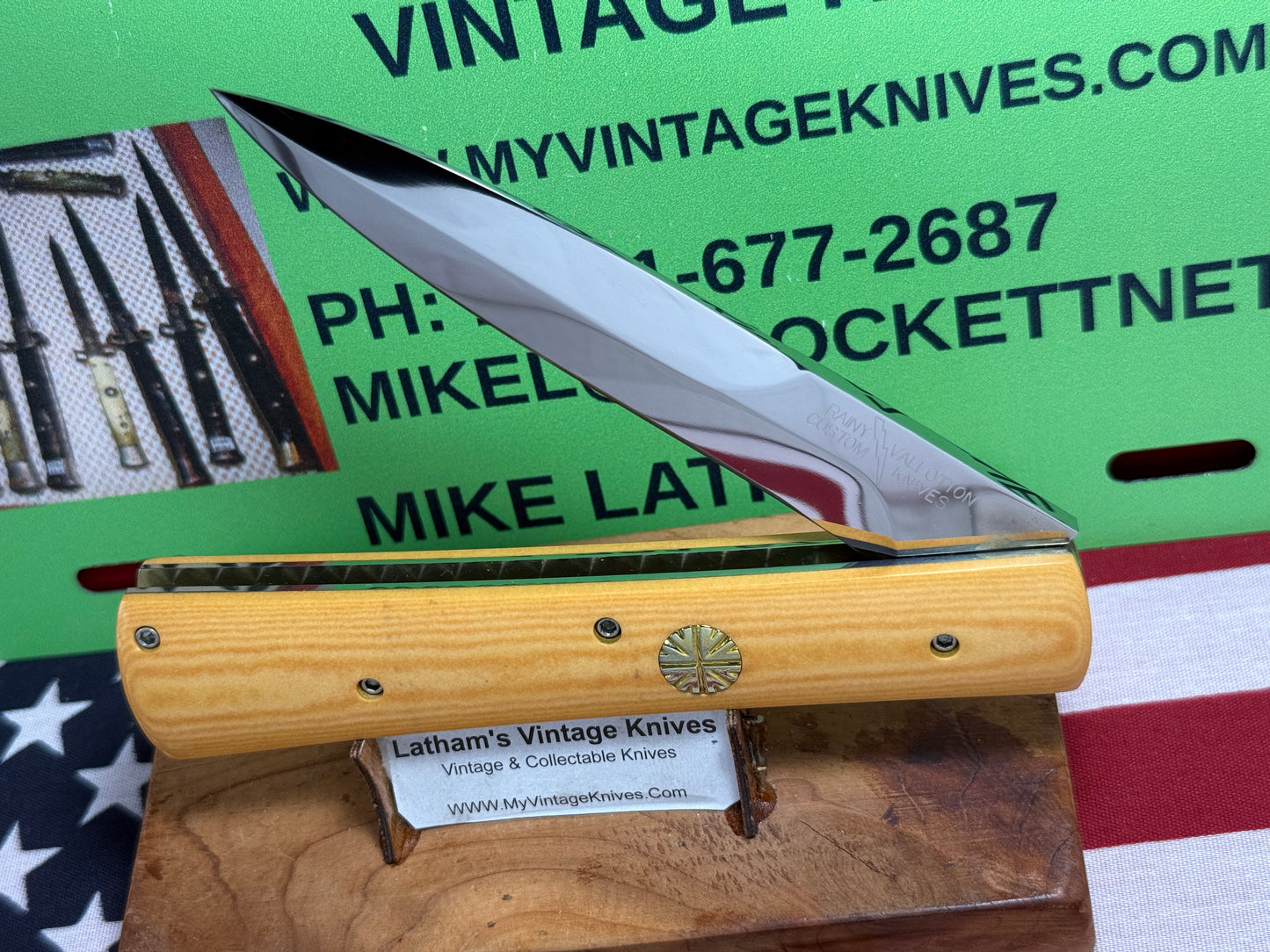 VALLOTTON, RAINY CUSTOM KNIVES 1998-2001 ERA D & D FAN TAIL BAYONET BLADE CUSTOM AUTOMATIC KNIFE WESTINGHOUSE MICARATA HANDLES