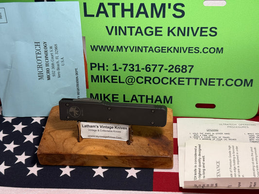 MICROTECH USA 05/2002 OTF ULTRATECH PAT PENDING TANTO BLACK PLAIN BLADE S/N 285 TACTICAL AUTOMATIC KNIFE METAL HANDLES