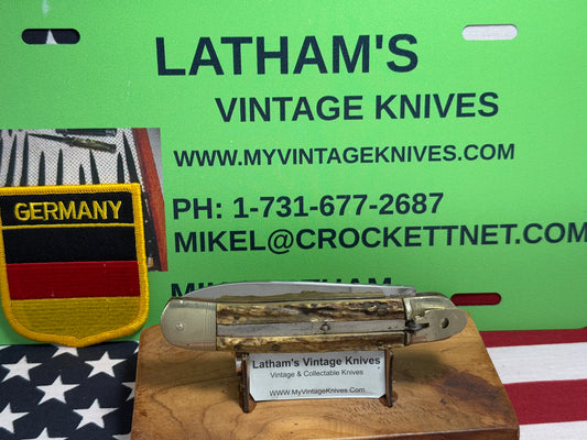 A. WINGEN JR. SOLINGEN GERMANY 1955-65 LEVER AUTOMATIC 11 CM GERMAN AUTOMATIC KNIFE STAG HANDLES CLEARANCE ITEM!!