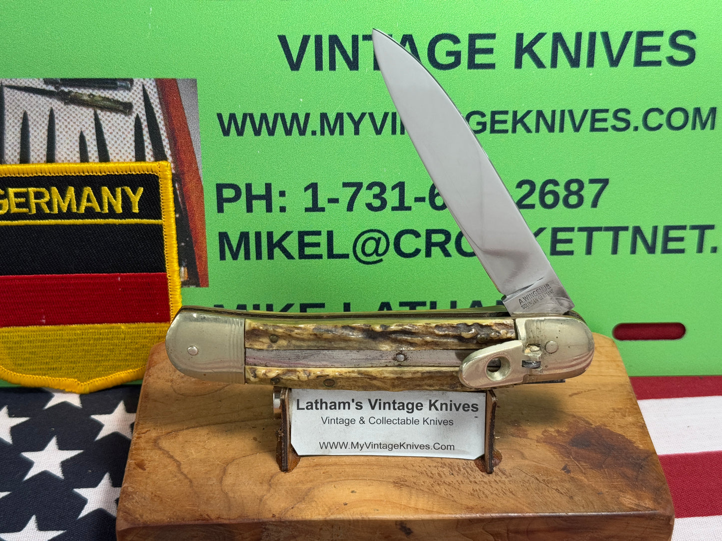 A. WINGEN JR. SOLINGEN GERMANY 1955-65 LEVER AUTOMATIC 11 CM GERMAN AUTOMATIC KNIFE STAG HANDLES CLEARANCE ITEM!!