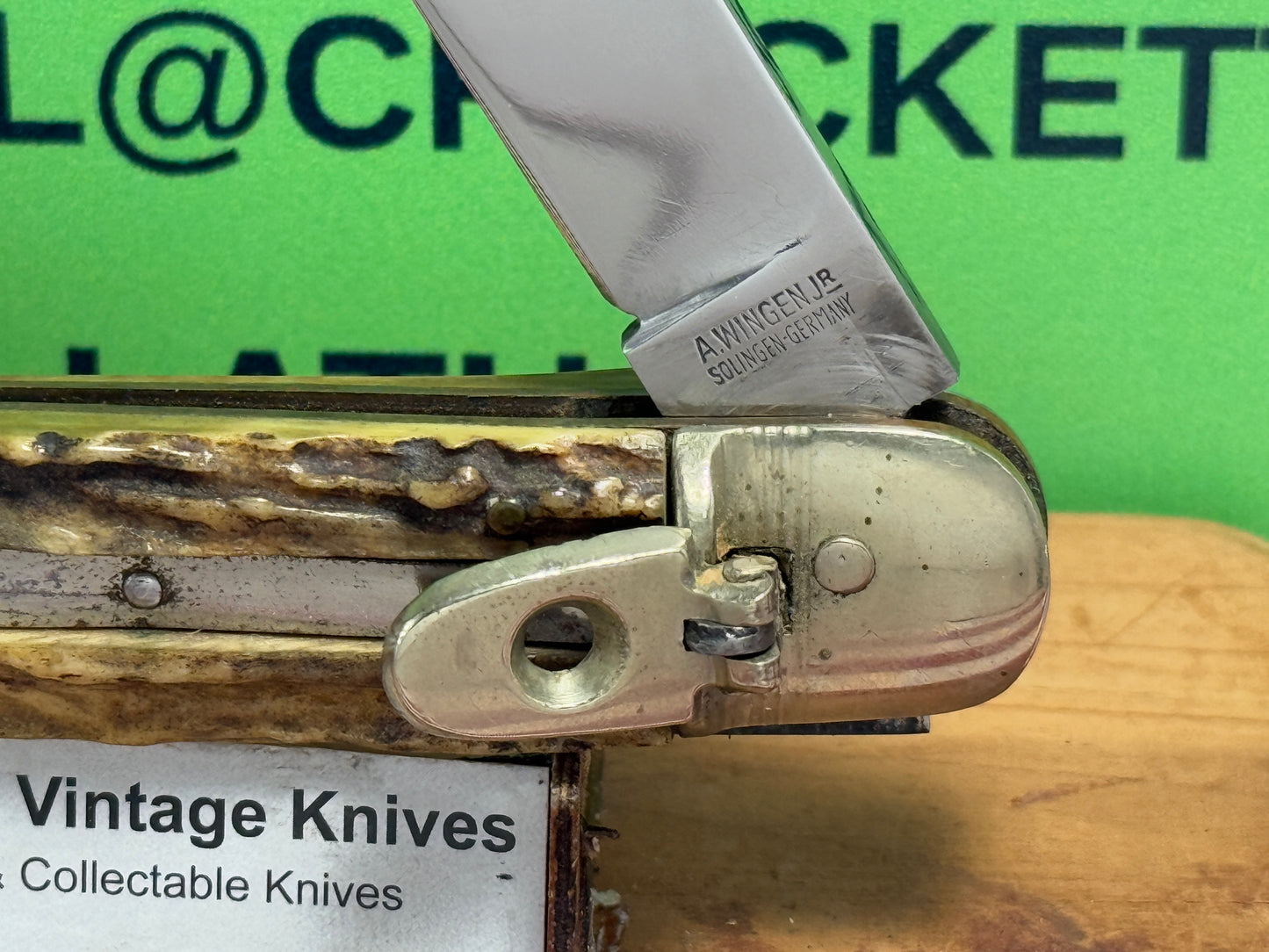 A. WINGEN JR. SOLINGEN GERMANY 1955-65 LEVER AUTOMATIC 11 CM GERMAN AUTOMATIC KNIFE STAG HANDLES CLEARANCE ITEM!!