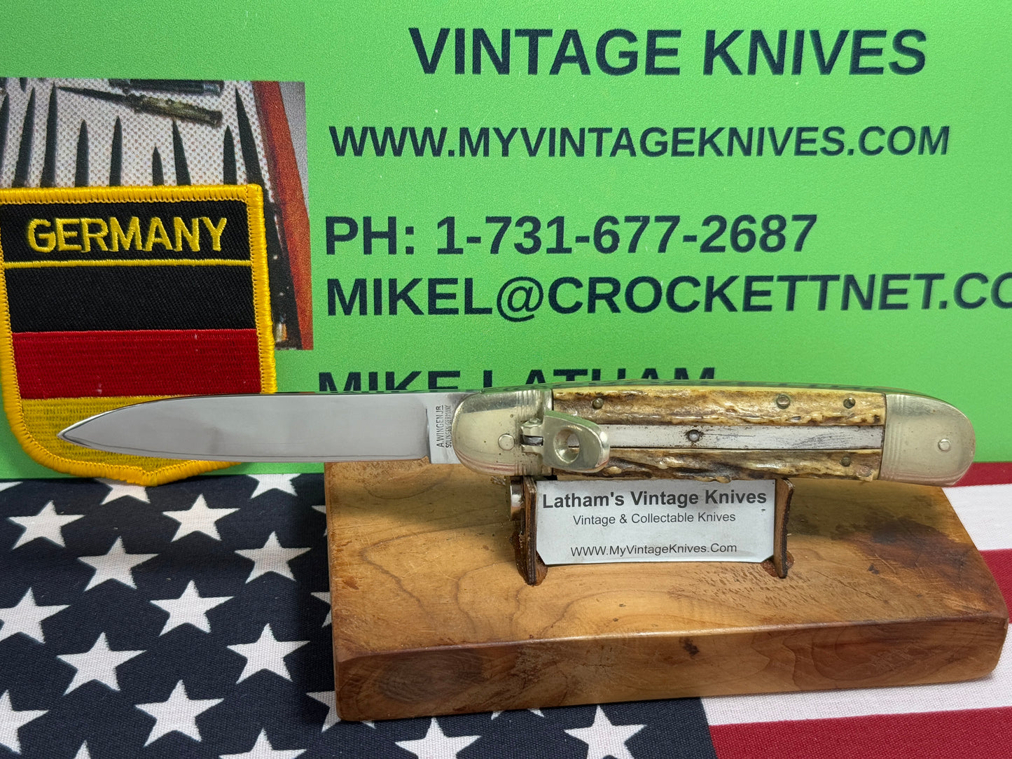 A. WINGEN JR. SOLINGEN GERMANY 1955-65 LEVER AUTOMATIC 11 CM GERMAN AUTOMATIC KNIFE STAG HANDLES CLEARANCE ITEM!!
