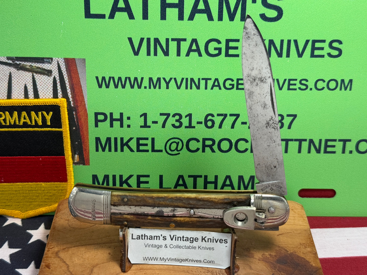 RICH A. HERDER SOLINGEN GERMANY 1950-55 LEVER AUTOMATIC SPRINGER 11 CM GERMAN AUTOMATIC KNIFE STAG HANDLES CLEARANCE ITEM!!