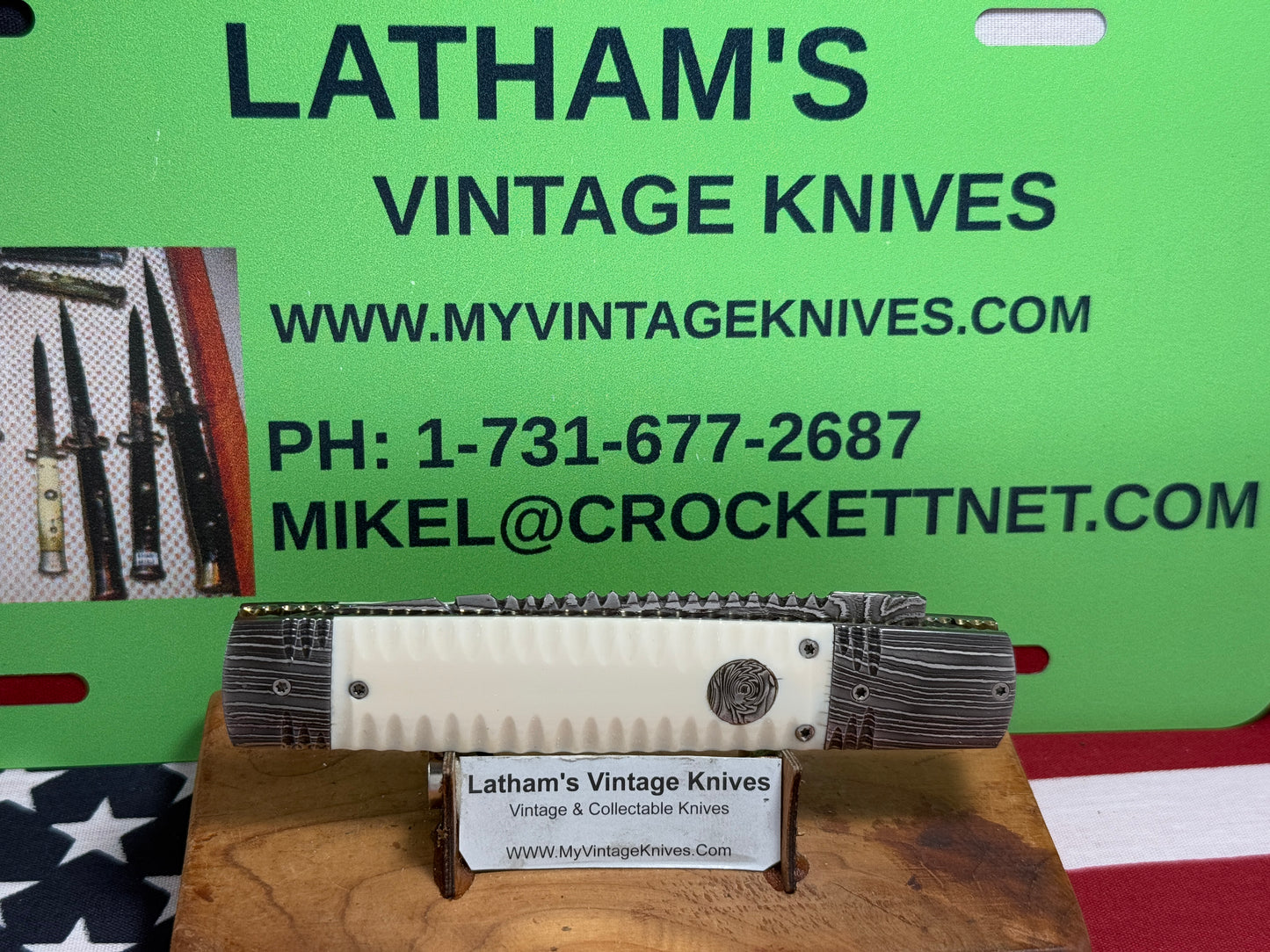 VALLOTTON, RAINY CUSTOM KNIVES USA/OREGON 2001-2003 ERA D & D ORIGINAL DAMACUS STEEL FEATHER CUT ICE PICK CUSTOM AUTOMATIC KNIFE MAMMOTH IVORY SCALES