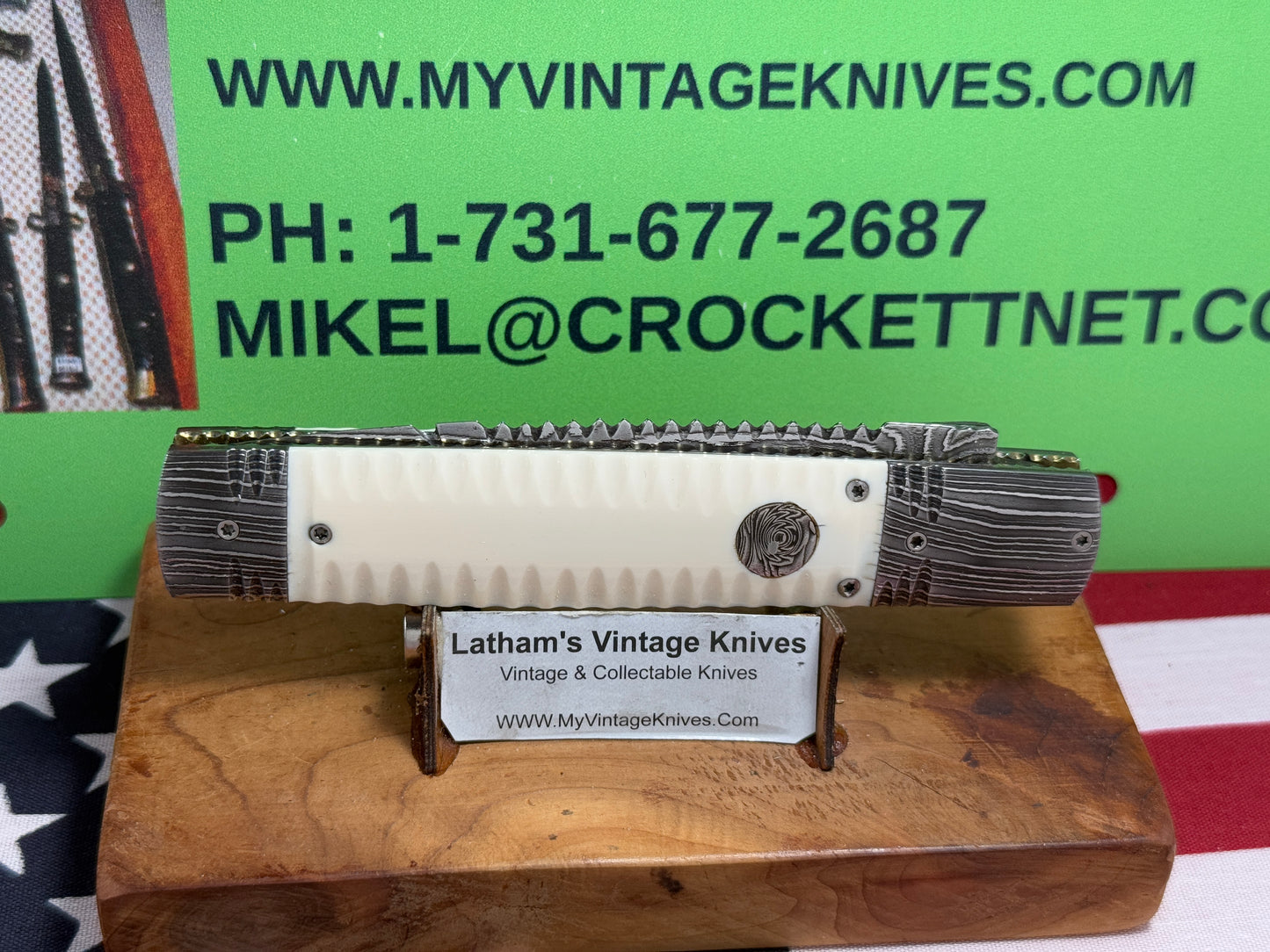 VALLOTTON, RAINY CUSTOM KNIVES USA/OREGON 2001-2003 ERA D & D ORIGINAL DAMACUS STEEL FEATHER CUT ICE PICK CUSTOM AUTOMATIC KNIFE MAMMOTH IVORY SCALES