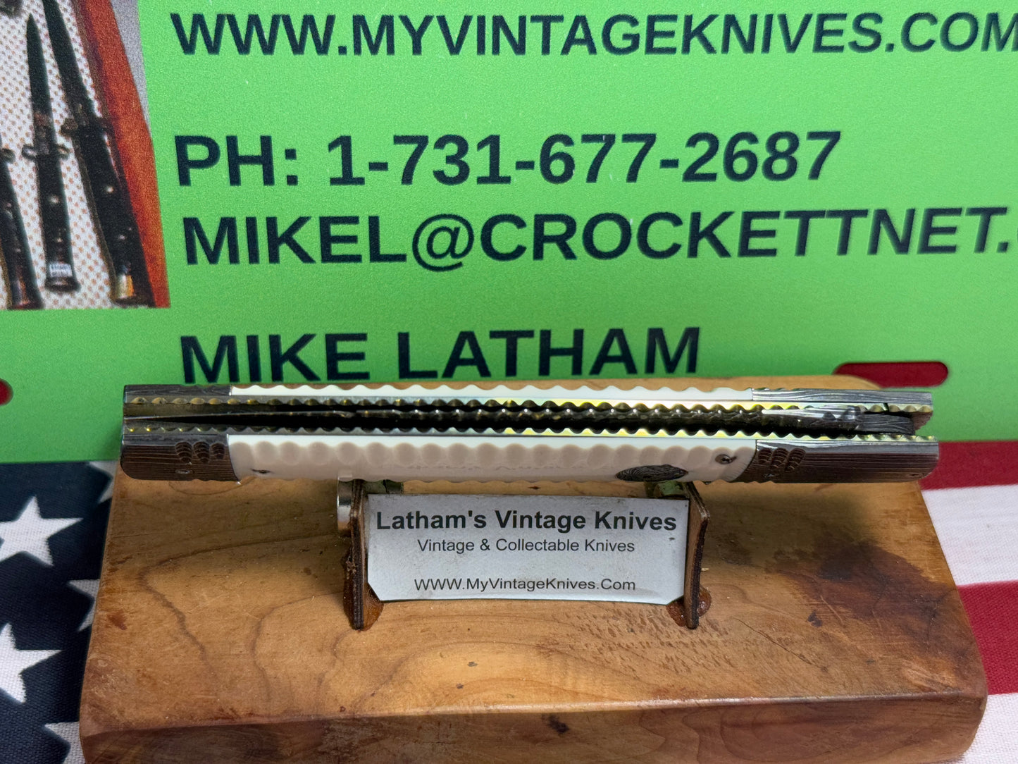 VALLOTTON, RAINY CUSTOM KNIVES USA/OREGON 2001-2003 ERA D & D ORIGINAL DAMACUS STEEL FEATHER CUT ICE PICK CUSTOM AUTOMATIC KNIFE MAMMOTH IVORY SCALES