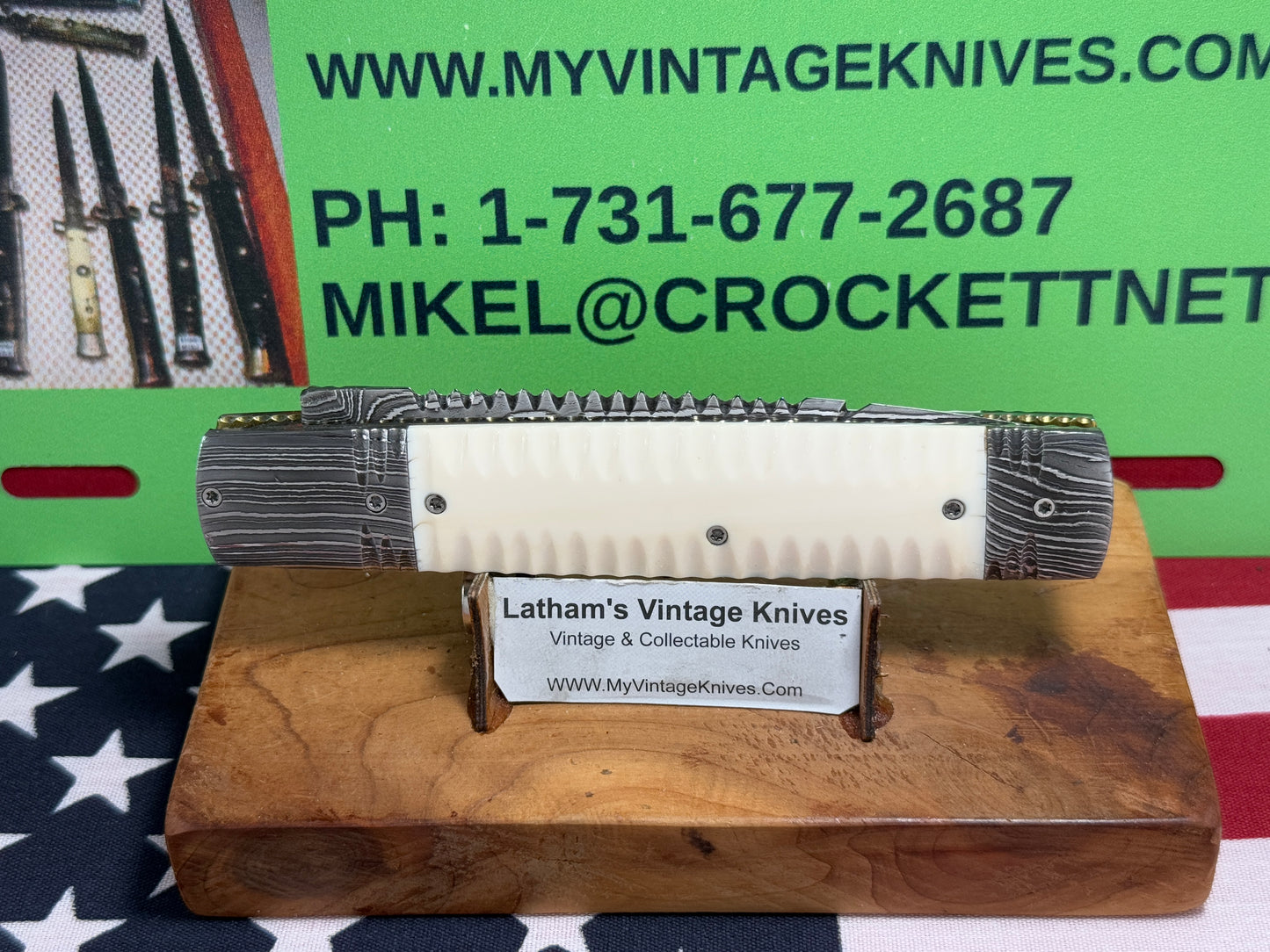 VALLOTTON, RAINY CUSTOM KNIVES USA/OREGON 2001-2003 ERA D & D ORIGINAL DAMACUS STEEL FEATHER CUT ICE PICK CUSTOM AUTOMATIC KNIFE MAMMOTH IVORY SCALES