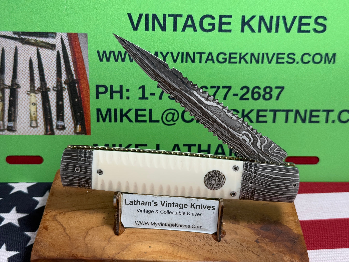 VALLOTTON, RAINY CUSTOM KNIVES USA/OREGON 2001-2003 ERA D & D ORIGINAL DAMACUS STEEL FEATHER CUT ICE PICK CUSTOM AUTOMATIC KNIFE MAMMOTH IVORY SCALES