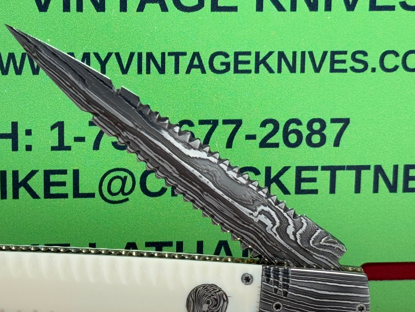 VALLOTTON, RAINY CUSTOM KNIVES USA/OREGON 2001-2003 ERA D & D ORIGINAL DAMACUS STEEL FEATHER CUT ICE PICK CUSTOM AUTOMATIC KNIFE MAMMOTH IVORY SCALES