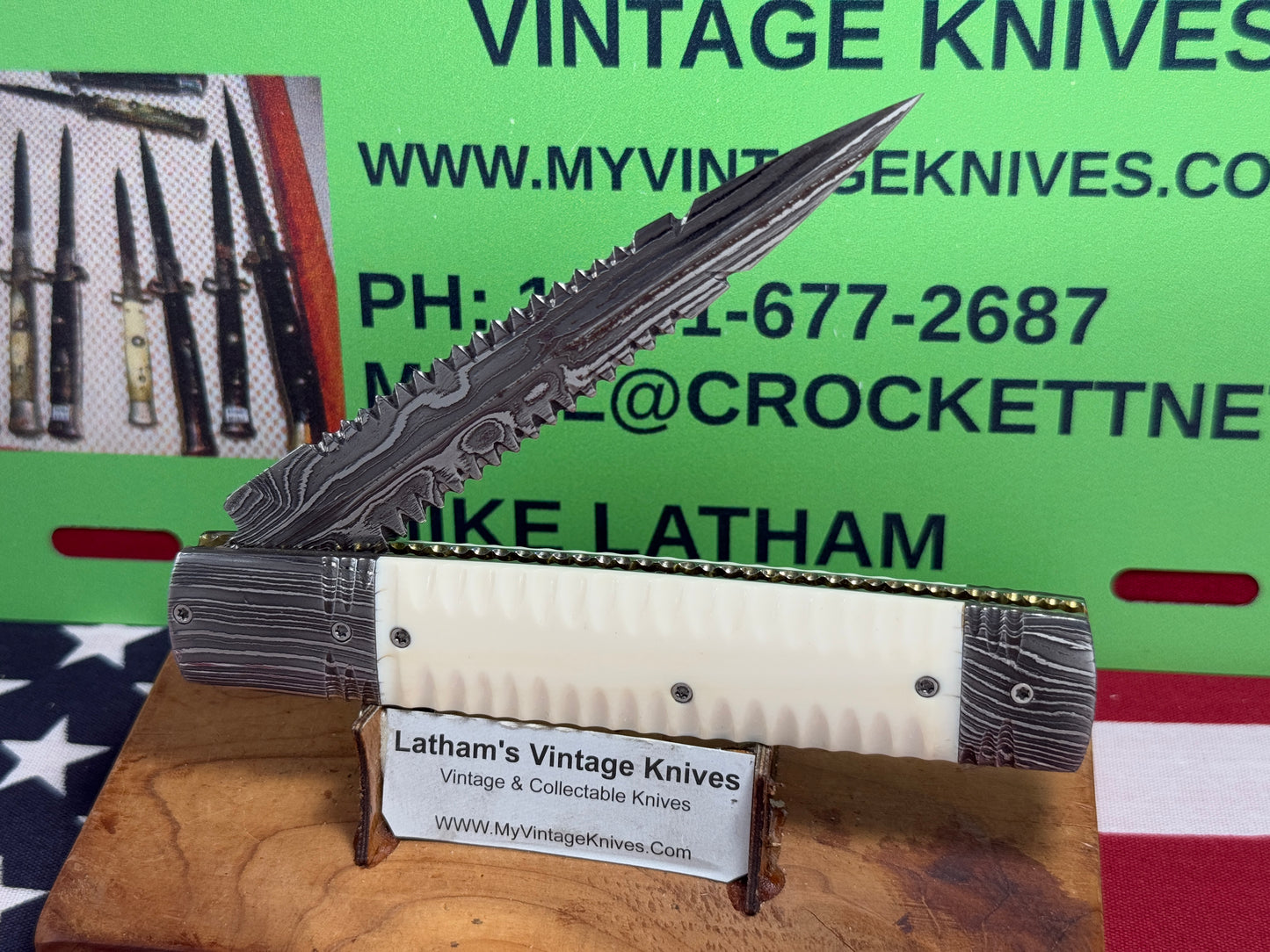 VALLOTTON, RAINY CUSTOM KNIVES USA/OREGON 2001-2003 ERA D & D ORIGINAL DAMACUS STEEL FEATHER CUT ICE PICK CUSTOM AUTOMATIC KNIFE MAMMOTH IVORY SCALES